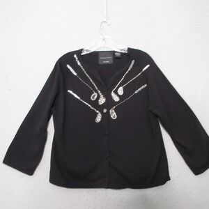 Vintage Michael Simon Sweater Cardigan Medium Black Sequin Bead Golf Club Bling